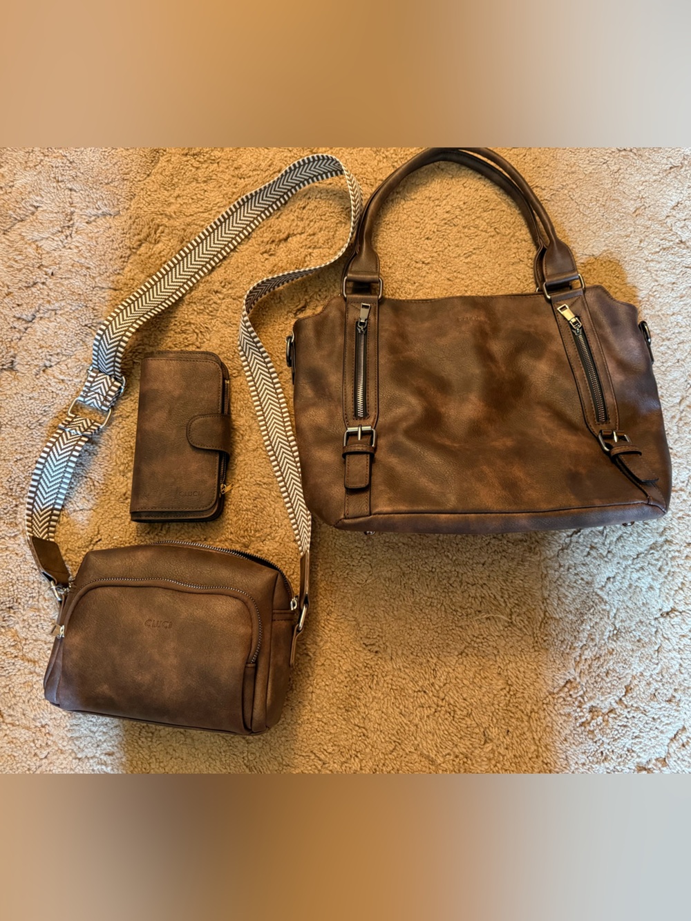 Brown Leather crossbody, wallet and Tote Set